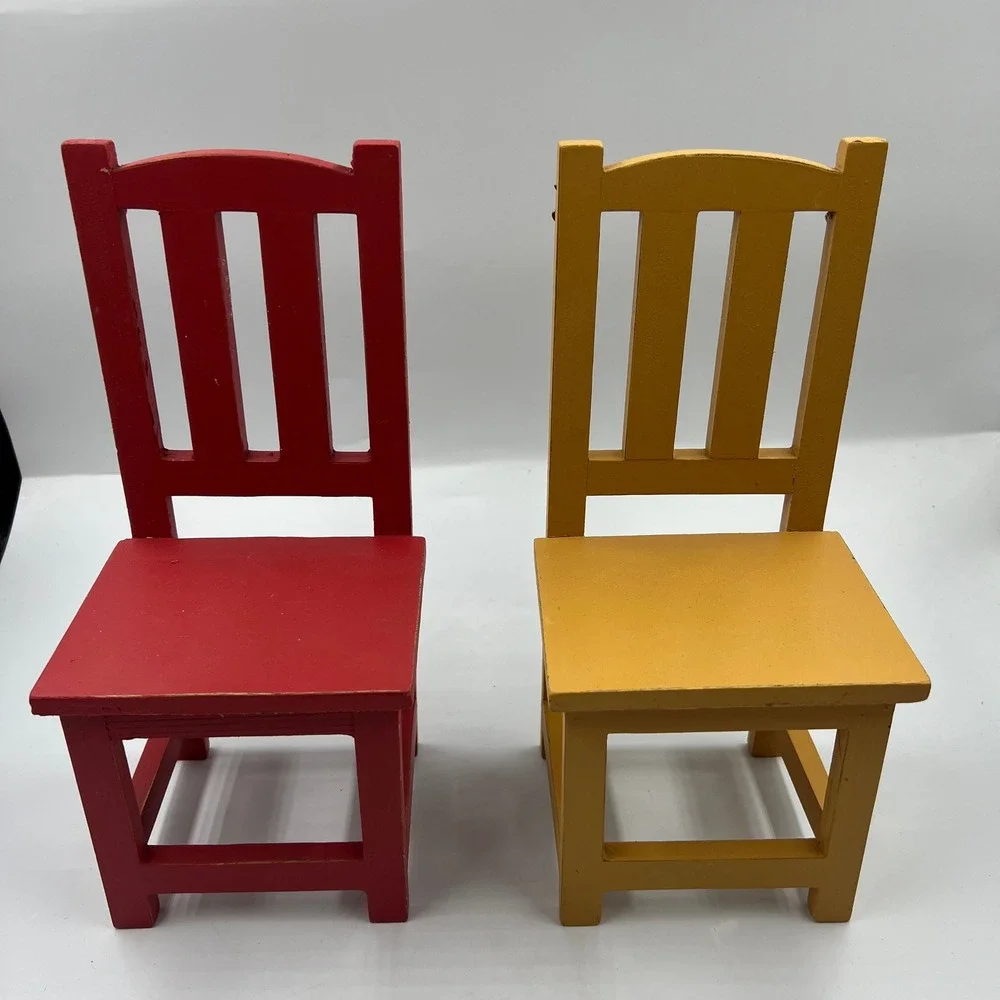 Vintage Red Mustard Wooden Chair Wall Shelves Set Folk Art Nursery Decor 10in